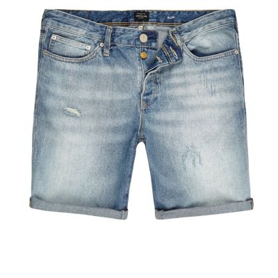 Light blue wash slim fit denim shorts